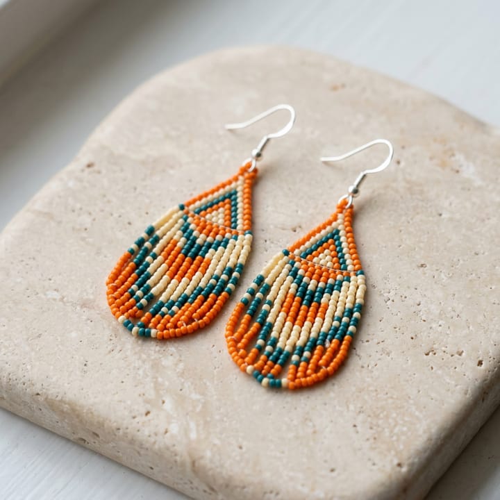 Pair of seed bead drop earrings in orange, cream and teal