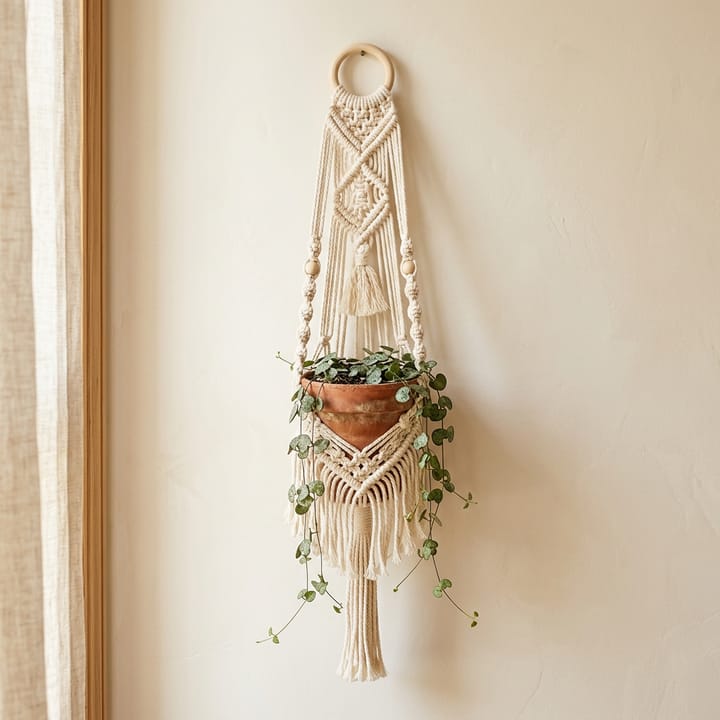 Macrame plant hanger holding a terracotta pot