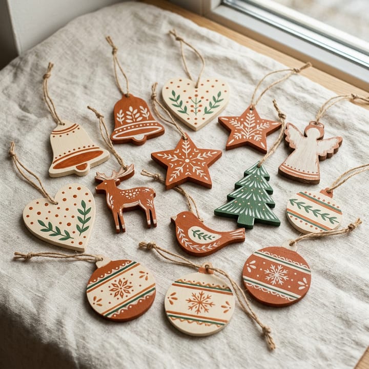 Hand-painted wooden ornaments laid out on a table